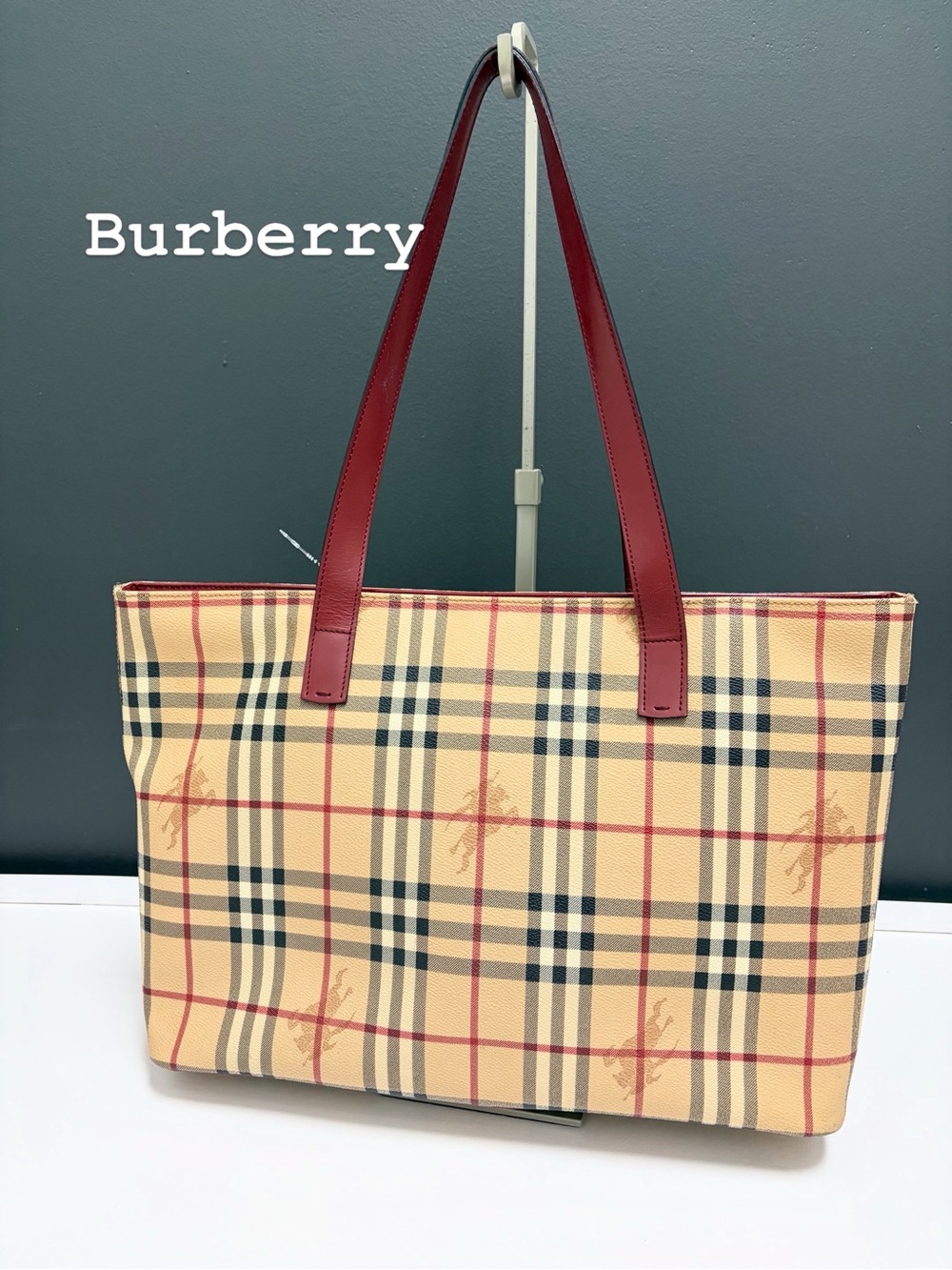Burberry Haymarket Tote with Red Leather Straps